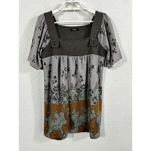 Mignon Tunic Shirt Fits like a Medium Gray Brown Floral Boho Empire Waist Top